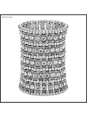Rhinestone Stretch Cuff Bracelet Antique Silver Plated Elastic Formal Jewelry